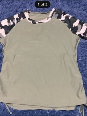 Olive Green Raglan Top with Pink & Black Camo Sleeves